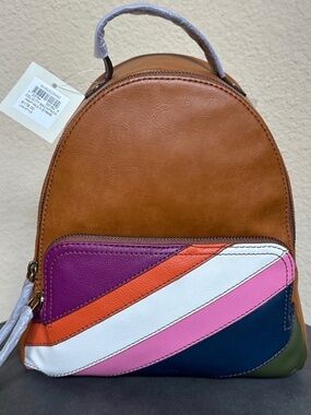 NWT Fossil Felicity Multi Stripe Navy Pink Tan White Brown Backpack Leather NEW